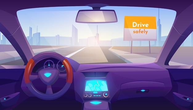 Interior del automóvil vacío dentro con gps en el tablero de instrumentos