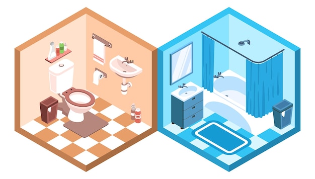 Interior de baño y aseo con muebles y accesorios composición isométrica 3d ilustración vectorial