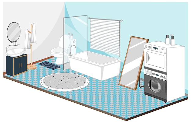 Vector gratuito interior de baño y lavandería con muebles en tema azul