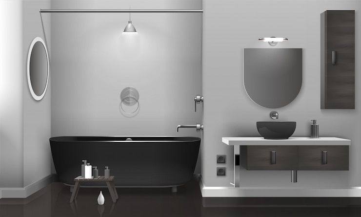 Vector gratuito interior de baño realista con dos espejos