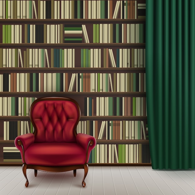 Interior de la biblioteca de la casa de vector con gran librería llena de diferentes libros, sillón rojo vintage y cortina verde oscuro