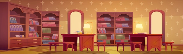 Vector gratuito interior de la biblioteca, espacio vacío para leer con varias colecciones de libros en estanterías de madera