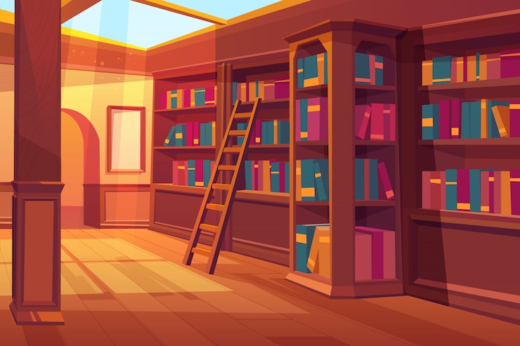 Vector gratuito interior de la biblioteca, sala vacía para leer con libros en estantes de madera
