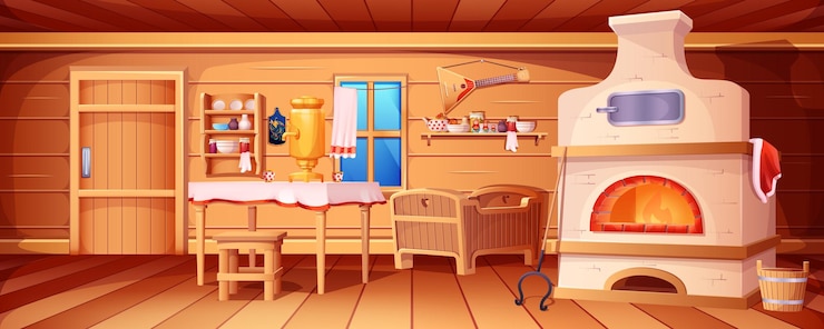 Vector gratuito interior de cabaña rusa de dibujos animados con cocina antigua antigua casa ucraniana vista interior con muebles de madera ventana puerta sala de cocina tradicional rural con estufa samovar agarre balalaika cuna