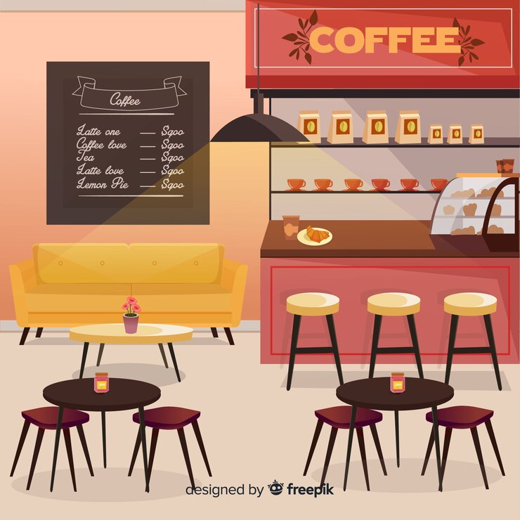Vector gratuito interior de cafetería moderna con diseño plano
