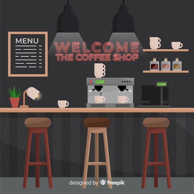 Vector gratuito interior de cafetería moderna con diseño plano