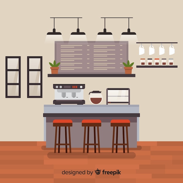 Vector gratuito interior de cafetería moderna con diseño plano