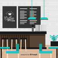 Vector gratuito interior de cafetería moderna con diseño plano