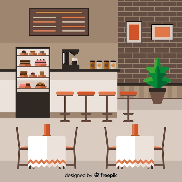 Vector gratuito interior de cafetería moderna con diseño plano