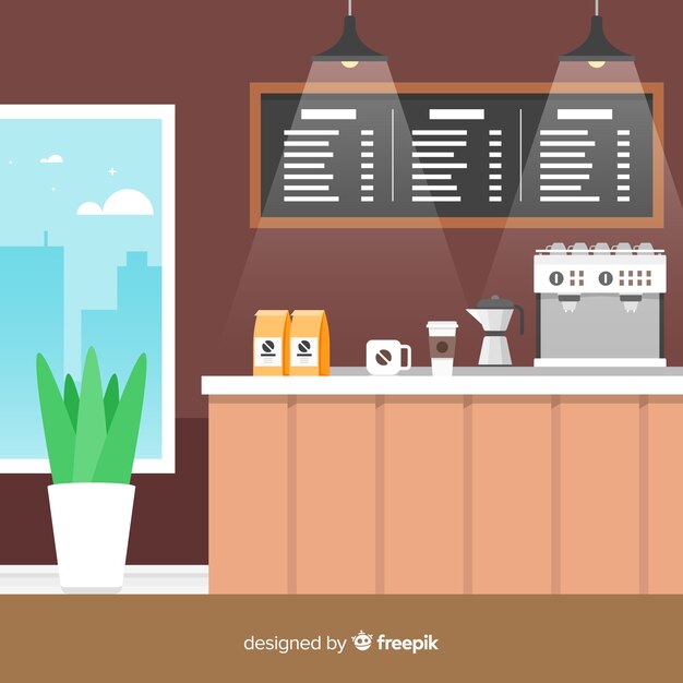 Interior de cafetería moderna con diseño plano