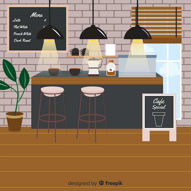 Vector gratuito interior de cafetería moderna con diseño plano