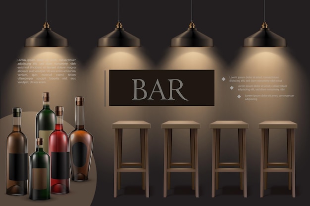 Vector gratuito interior de cafetería de noche realista con lámparas colgantes brillantes taburetes de bar de madera botellas de bebidas alcohólicas