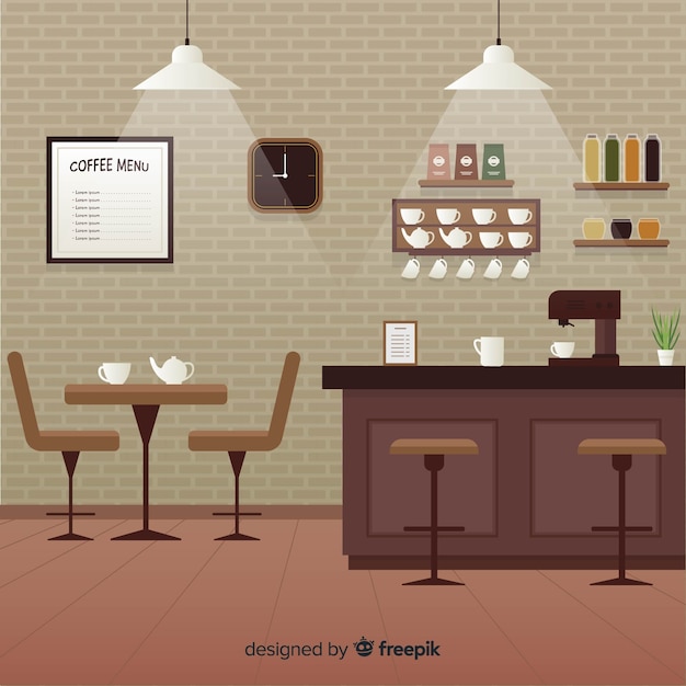 Vector gratuito interior de cafetrería elegante con diseño plano