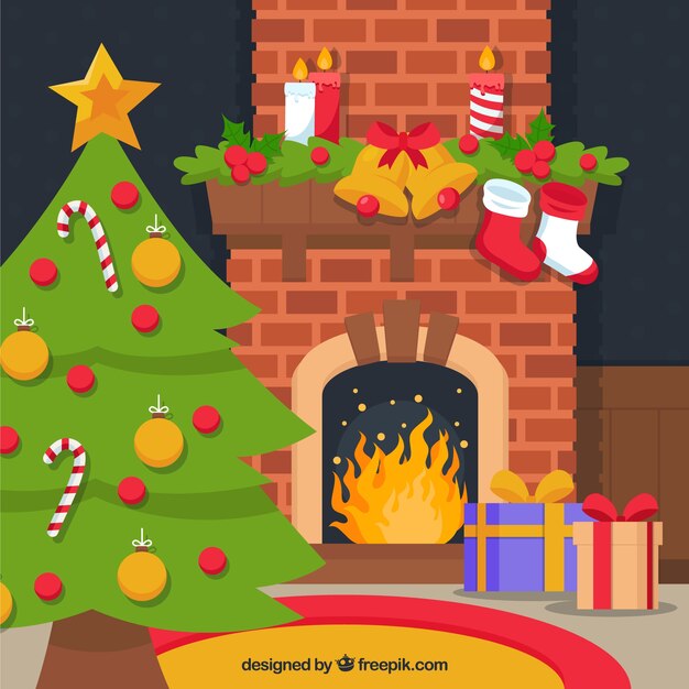 Interior de casa con chimenea y árbol de navidad 
