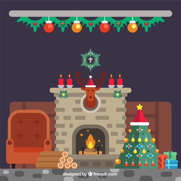 Interior de casa con chimenea con decoración navideña
