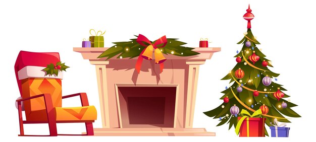 Interior de la casa con decoración navideña. Árbol de Navidad con bolas y guirnaldas, cajas de regalo, silla con sombrero rojo de Santa Claus y chimenea. Conjunto de dibujos animados de vector de decoración de año nuevo para sala de estar