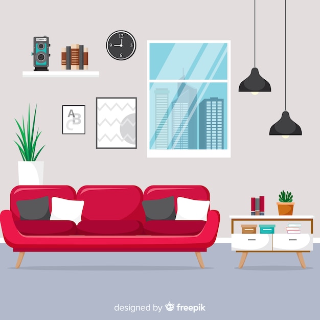 Vector gratuito interior de casa elegante con diseño plano