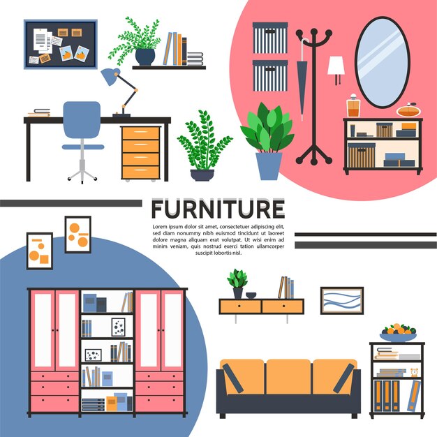 Interior de la casa plana con muebles mesa silla sofá armario mesita de noche espejo estantes carpetas de escritorio