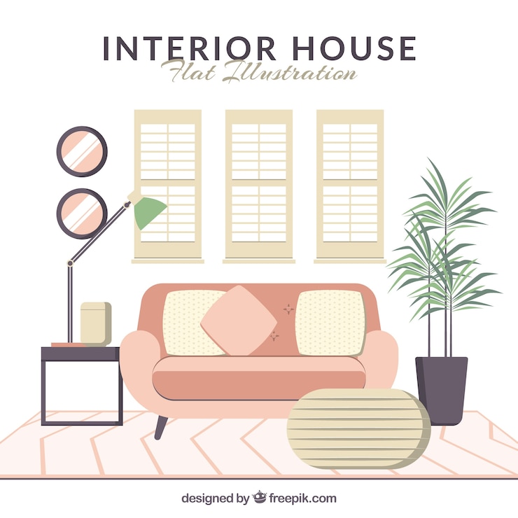 Vector gratuito interior de casa plana con sofá rosa