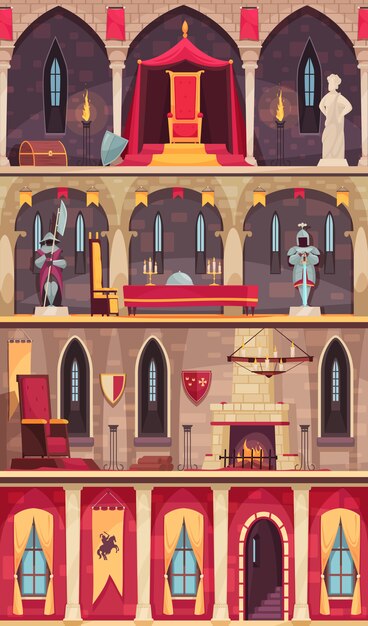 Interior del castillo medieval 4 pancartas planas con comedor salón salón del trono cámaras aisladas