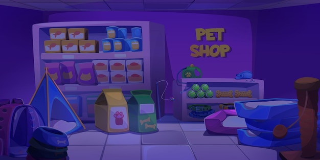 Vector gratuito interior cerrado de la tienda de mascotas por la noche tienda de zoológico oscuro con productos de cuidado y accesorios para animales domésticos estanterías con comida para gatos y perros casas y juguetes mostrador con caja registradora