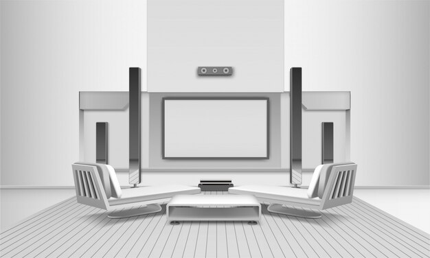 Interior de cine en casa en tonos blancos