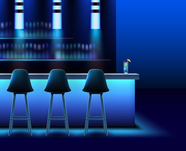 Interior de club nocturno vacío de vector en colores azules con barra de bar, sillas, lámparas y alcohol