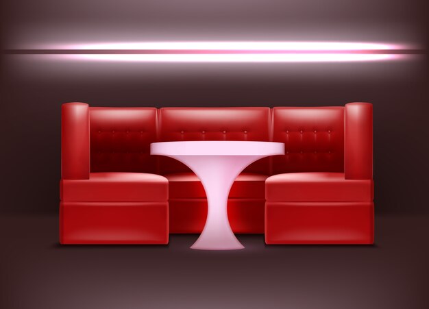 Interior del club nocturno de vector en colores rojos con retroiluminación, sillones y mesa iluminada