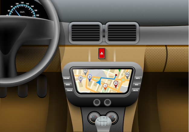 Interior del coche realista con sistema de navegación automático y mapa gps
