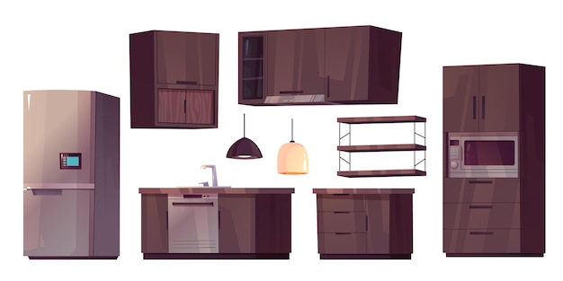 Vector gratuito interior de la cocina con mesas, nevera, estufa y armarios. muebles de casa para cocinar, refrigerador moderno, mostrador de cocina con fregadero y lavavajillas, microondas, conjunto de dibujos animados vectoriales.