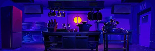 Vector gratuito interior de la cocina del restaurante por la noche ilustración de dibujos animados vectoriales de una habitación oscura con mesa de cocina y utensilios de cocina en bandejas de verduras en un tazón, horno, cocina y refrigerador, negocio de catering