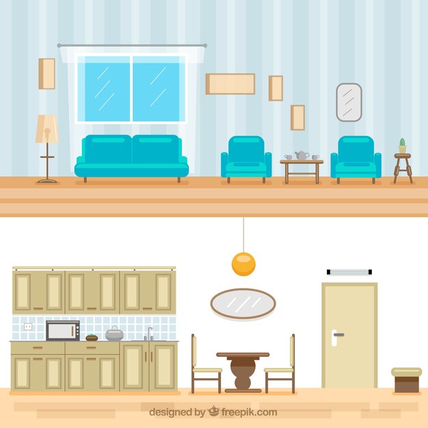 Interior de cocina y salón en diseño plano 