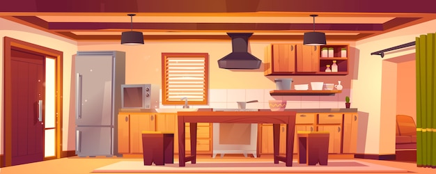 Interior de cocina de vector en casa rústica