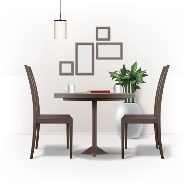 Interior de comedor de vector con mesa redonda de madera marrón, dos sillas, libro rojo, tazas de café o té, lámpara, planta en maceta y marcos de fotos en la pared aislada sobre fondo blanco