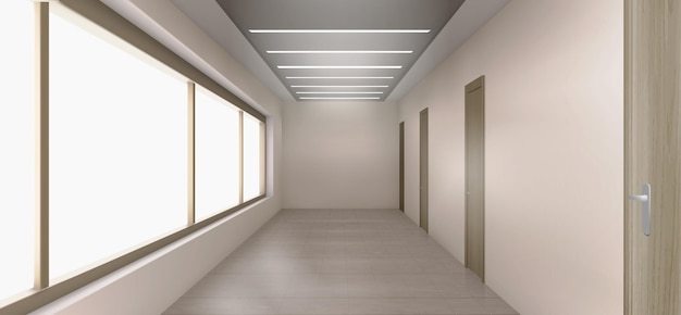 Interior del corredor del hospital con puertas cerradas