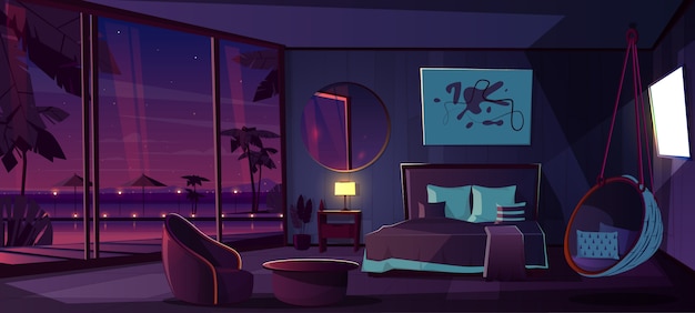 Interior de dibujos animados de vector de habitación de hotel en la noche