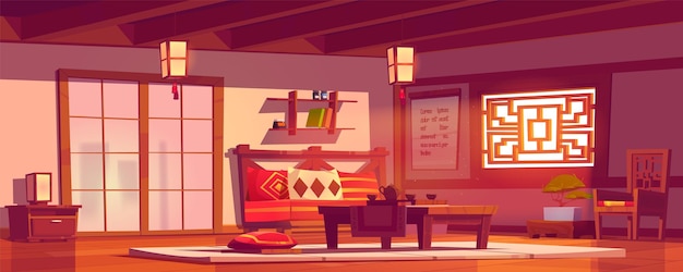 Interior de dormitorio asiático con muebles ilustración de dibujos animados vectoriales de habitación tradicional china con cama de madera sillón tetera y tazas servidas en la mesa papel linternas cajón árbol de bonsai en olla