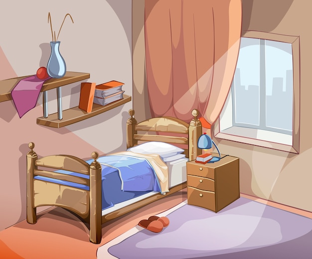 Interior del dormitorio en estilo de dibujos animados. apartamento interior cama de diseño de muebles. ilustración vectorial