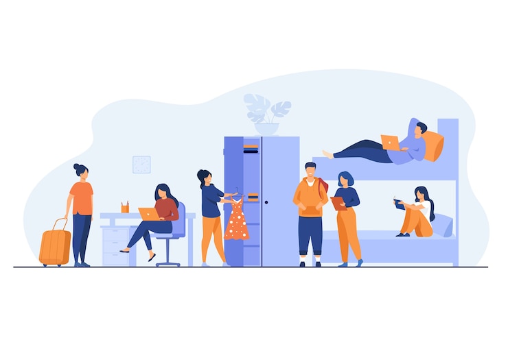 Vector gratuito interior del dormitorio de estudiantes universitarios. viajeros jóvenes parando en albergue. ilustración de vector de alojamiento alternativo, casa de mochileros, concepto de viaje