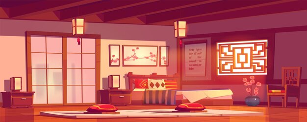 Interior de dormitorio de hotel japonés ilustración vectorial de dibujos animados Habitación con manta de almohada de cama y decoración oriental interior china Casa oriental de lujo con luz solar desde el concepto de panorama de la ventana