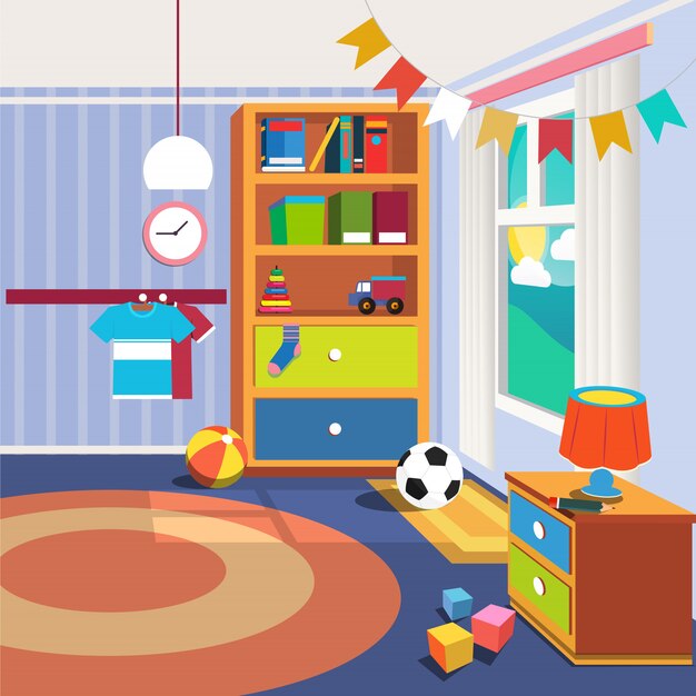 Interior de dormitorio de niños de dibujos animados. | Vector Premium