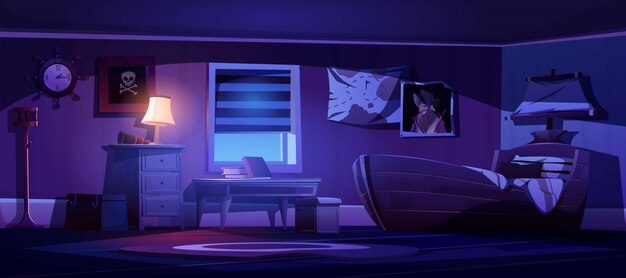Interior de dormitorio infantil en temática pirata por la noche