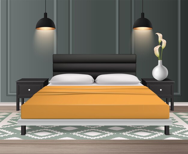 Interior de dormitorio moderno realista con cama doble en alfombra y lámparas colgantes ilustración vectorial