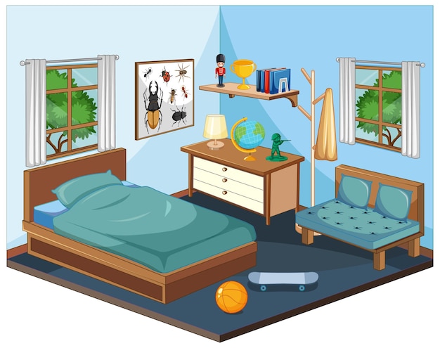 Interior De La Habitación. Dormitorio, Salón De Dibujos Animados,  Dormitorio Infantil Con Muebles. Habitación Juvenil Con Cama, Habitación  Infantil O Infantil Con Juguetes Y Cuadros. Ilustraciones svg, vectoriales,  clip art vectorizado libre