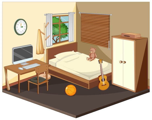 Vector gratuito interior de dormitorio con muebles en tema beige.