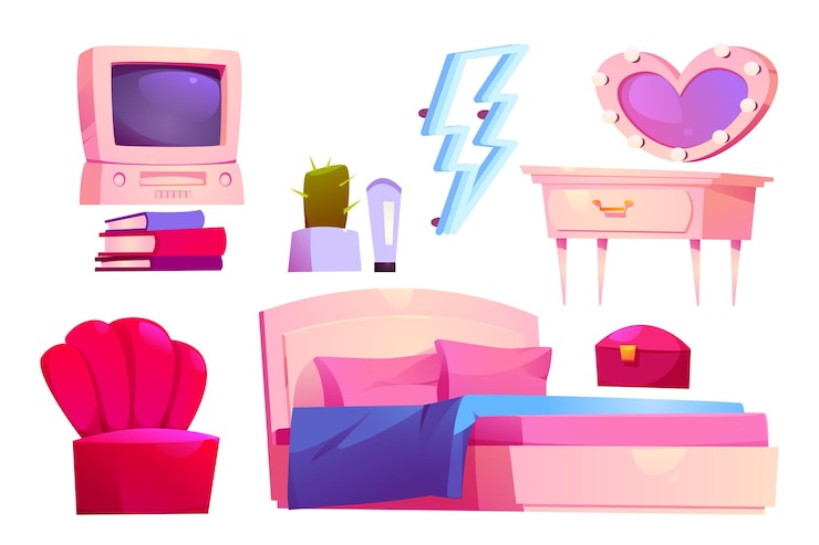 Vector gratuito interior de dormitorio de niña con cama con almohadas rosas.