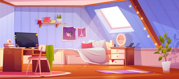 interior de dormitorio de niña de dibujos animados en el ático