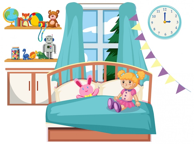 Vector gratuito interior de dormitorio de niño lindo