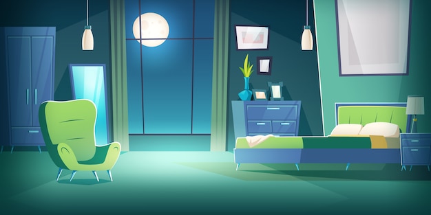 Vector gratuito interior del dormitorio por la noche con dibujos de luz de luna