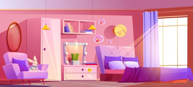 Interior de dormitorio rosa con muebles y accesorios Ilustración de dibujos animados vectoriales de habitación femenina ligera en colores pastel conejito de juguete de cama grande en el espejo del sillón sobre el armario del cajón y el estante de libros